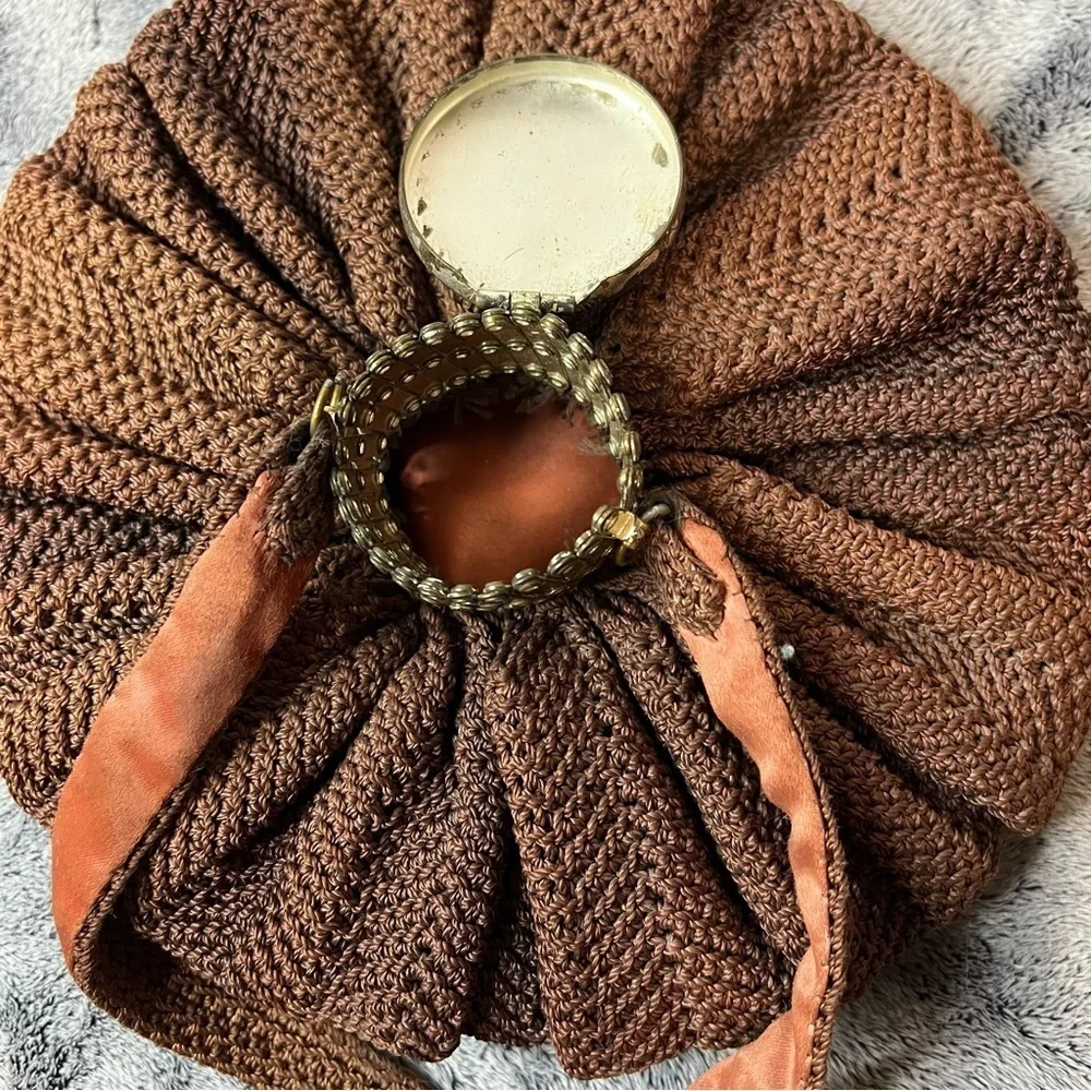 Victorian Brown Crochet Reticule Purse with Ornate Hinged Metal Lid